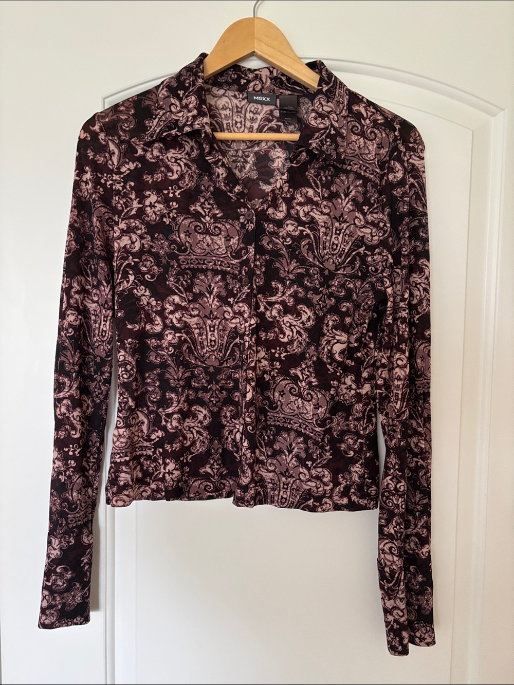 Mexx Brown Rose Baroque Print Sheer Mesh Shirt Women’s L 100% Nylon EUC